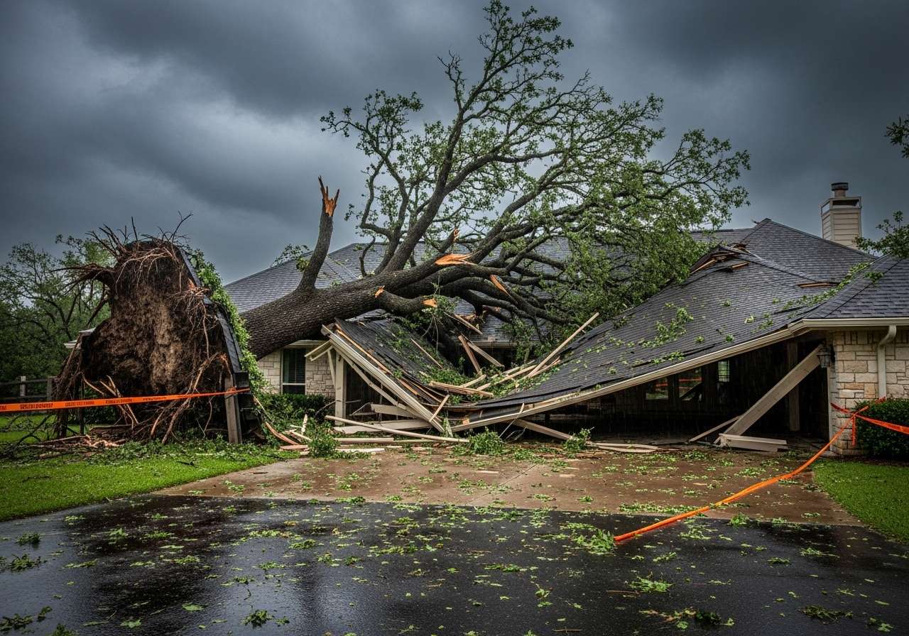 Fallen tree on a house after a storm