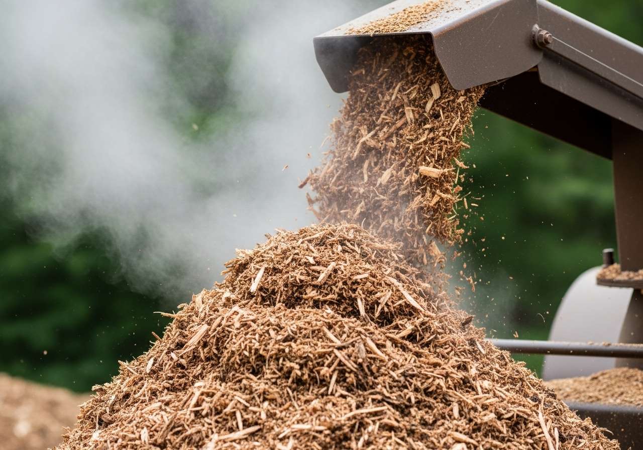 Wood chips piling up from chipper