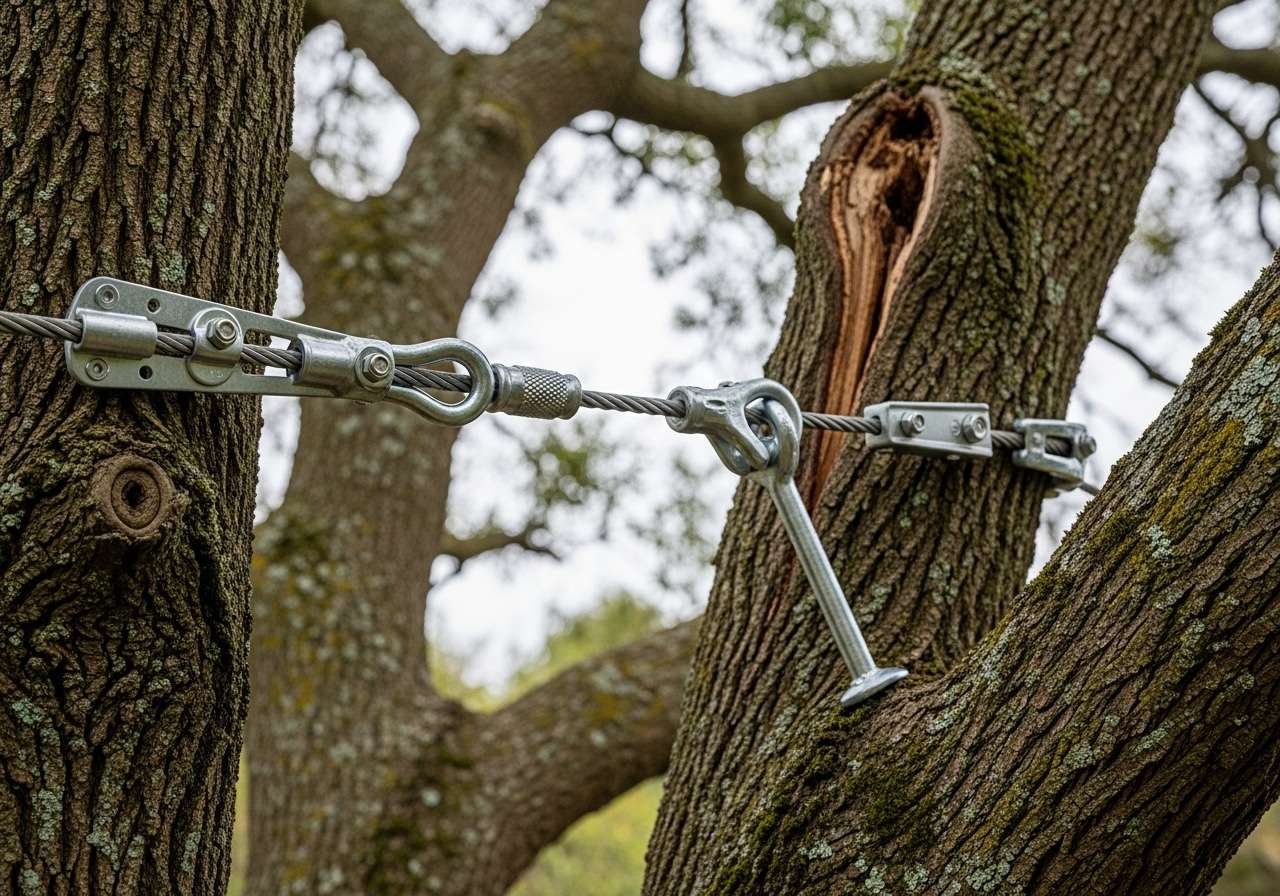 Arborist installing cable in tree