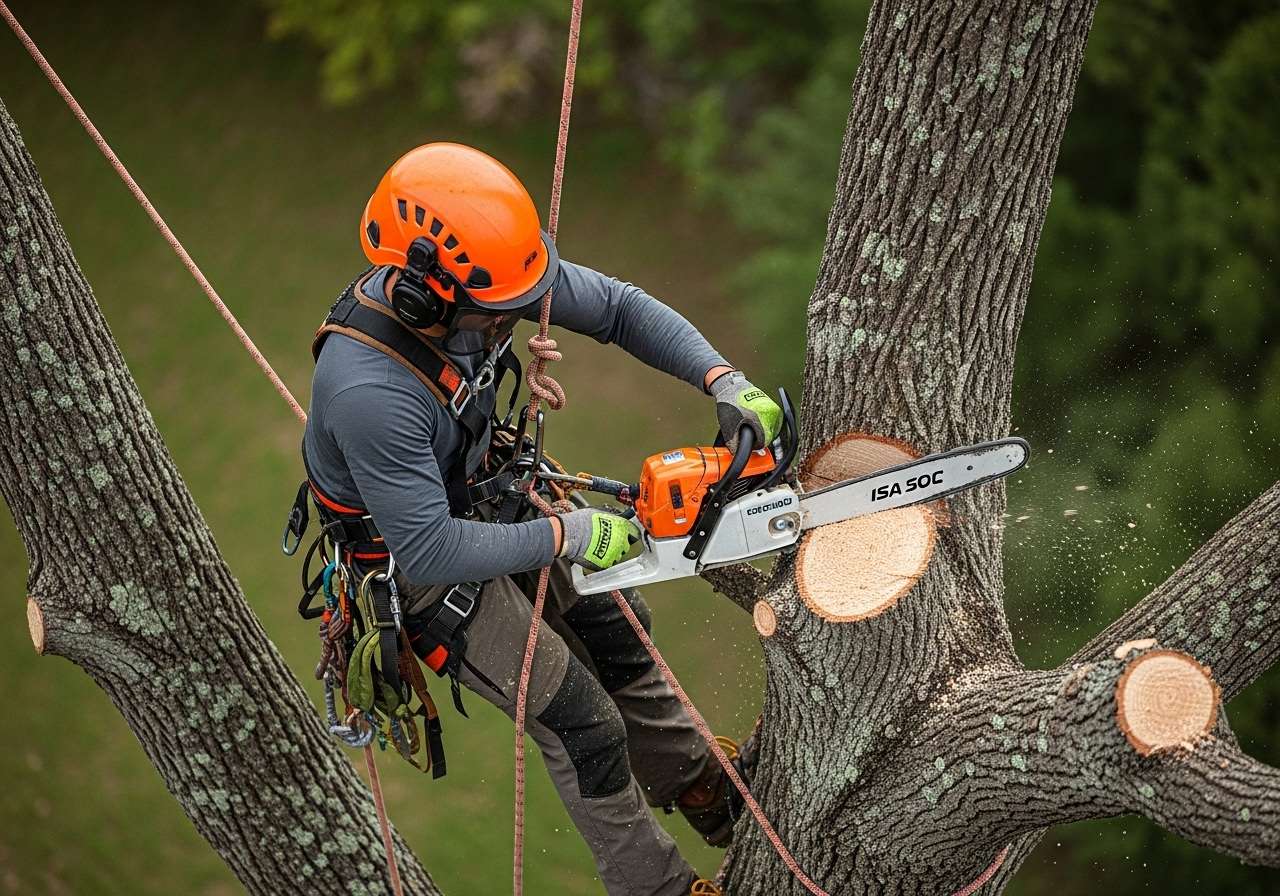 Professional arborist climbing and trimming a tall tree safely