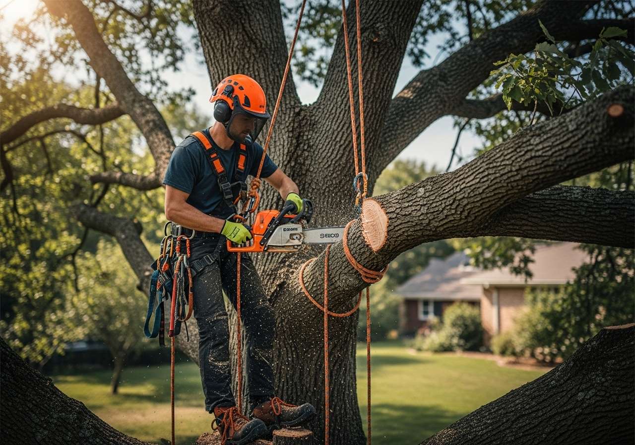 Professional arborist dismantling a large tree section by section