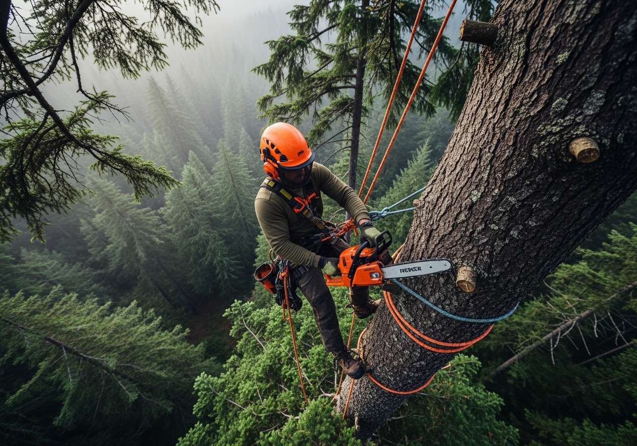 Arborist climbing tree