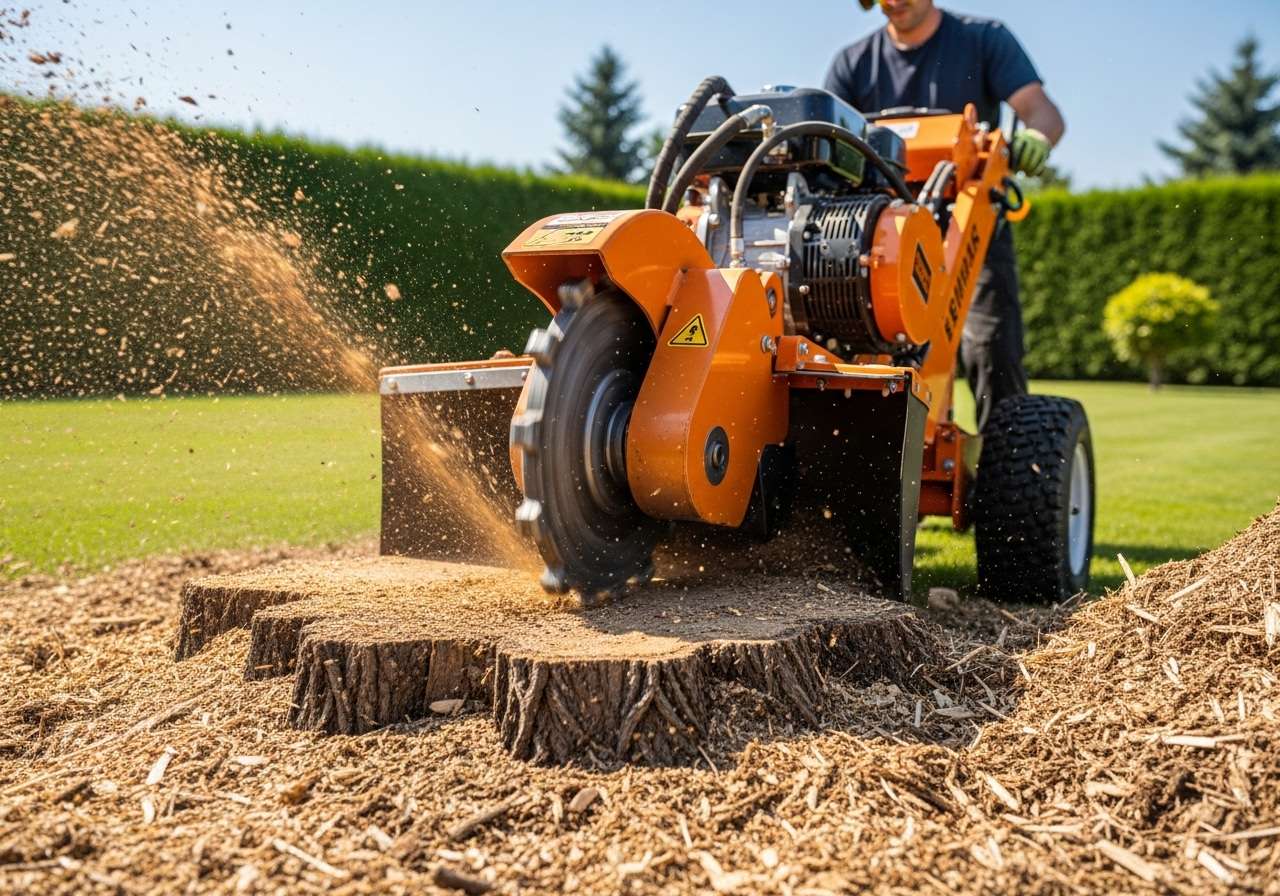 Stump grinder machine processing a tree stump into wood chips