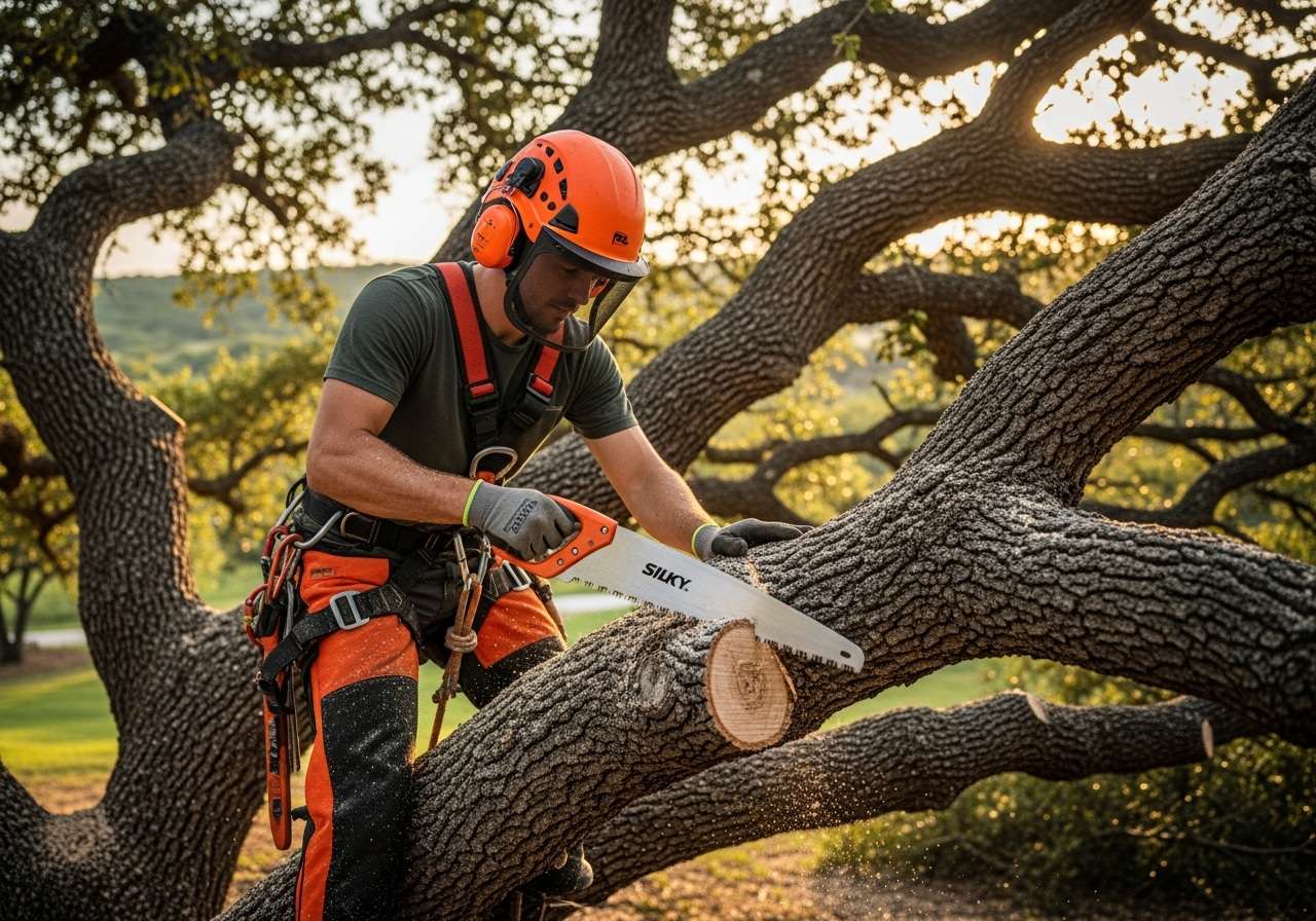 Arborist performing structural pruning on a tree in Central Texas