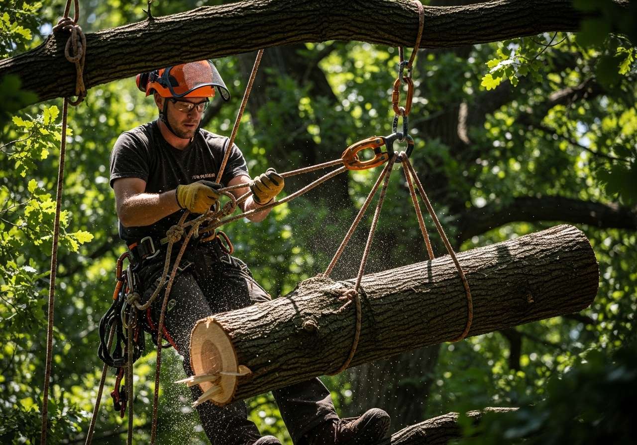 Arborist rigging tree sections