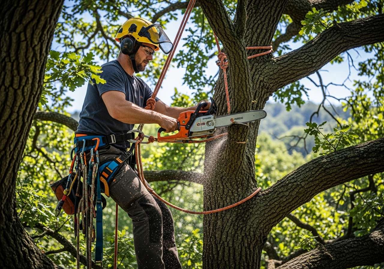 Tree climber performing pruning