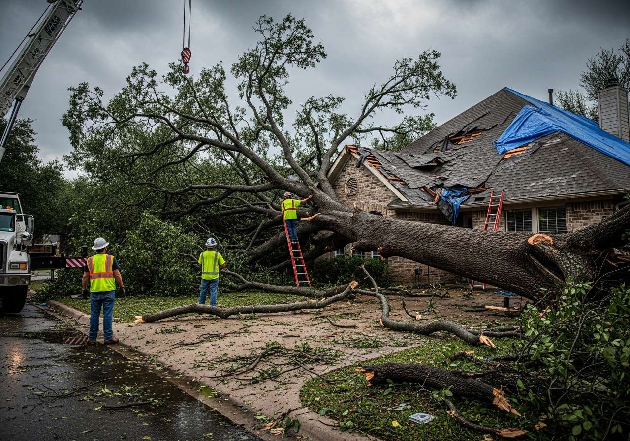 Storm Damaged Tree Fallen on Residential Roof